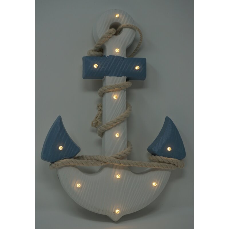 33,5 x 23 cm Holz Anker mit Seil und 12 warm weißen LED Maritim ca 