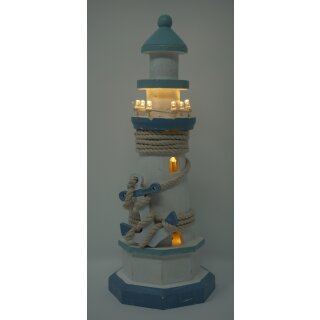 Leuchtturm Holz 29cm mit LED-Beleuchtung weiss hellblau mit Anker 