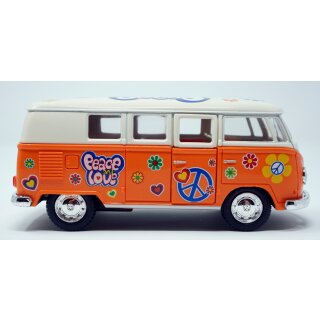 Modellauto VW T1 Bus Peace and Love 1962 orange / beige R&uuml;ckziehmotor