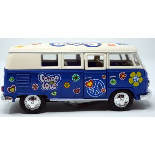 Volkswagen VW Bus T1 Bulli Peace and Love blau / beige Modellauto R&uuml;ckziehmotor