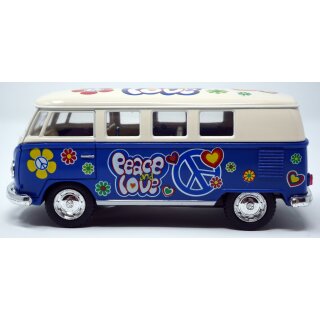 Volkswagen VW Bus T1 Bulli Peace and Love blau / beige Modellauto R&uuml;ckziehmotor