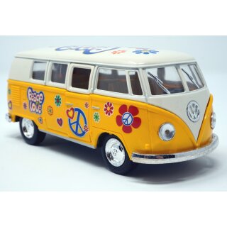Volkswagen VW Bus T1 Bulli Peace and Love gelb / beige Modellauto R&uuml;ckziehmotor