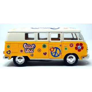 Volkswagen VW Bus T1 Bulli Peace and Love gelb / beige Modellauto R&uuml;ckziehmotor