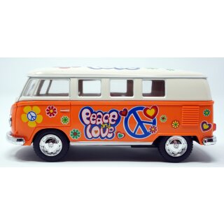 Volkswagen VW Bus T1 Bulli Peace and Love orange beige Modellauto R&uuml;ckziehmotor
