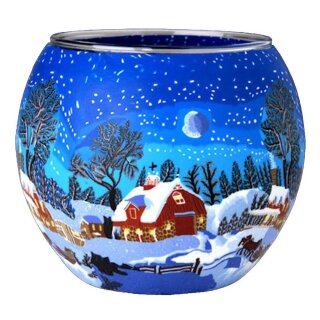 Leuchtglas Winterzeit Teelicht Windlicht Schnee Landschaft Dorf Teelichthalter
