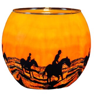 Leuchtglas Pferde im Sonnenuntergang Teelicht Windlicht Pferd Reiter