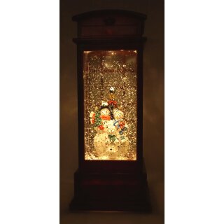 LED Laterne Telefonzelle mit Schneemannfamilie mit Glitter Timer Akkubetrieb