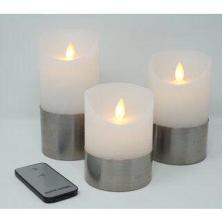 3er Set LED Kerzen wei&szlig; mit Silberring , realer Flammenoptik und Fernbedienung