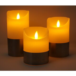 3er Set LED Kerzen wei&szlig; mit Silberring , realer Flammenoptik und Fernbedienung