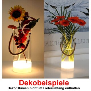 LED Glas Vase MALI klein 9,5 x 20 cm mit 7 LEDs und Timer Batteriebetrieb