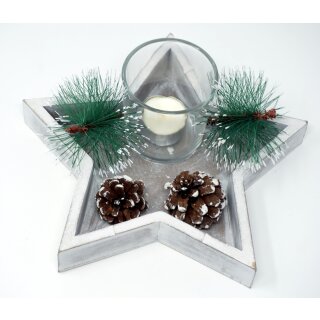 Stern Holztablett mit 1 Teelichthalter, Teelicht und Weihnachtsdekoration
