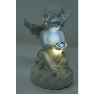 sitzender Engel mit Glitzerherz in der Hand - Herz mit LED Beleuchtung
