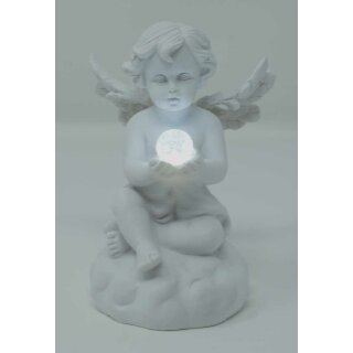 sitzender Engel mit Glitzerkugel in der Hand mit LED Beleuchtung
